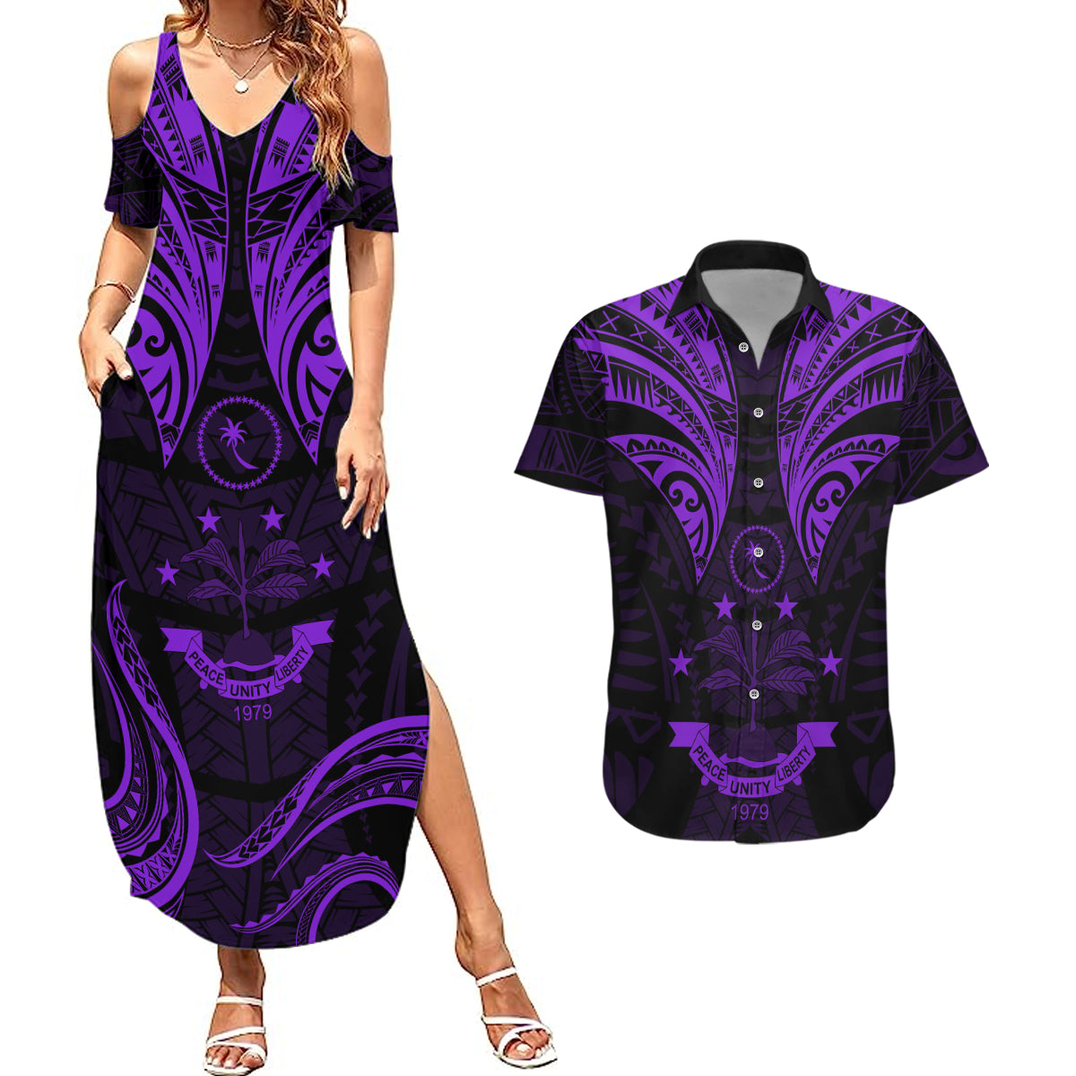 FSM Chuuk States Couples Matching Summer Maxi Dress and Hawaiian Shirt Micronesia Vintage Polynesian Tribal Purple Version LT9 Purple - Polynesian Pride