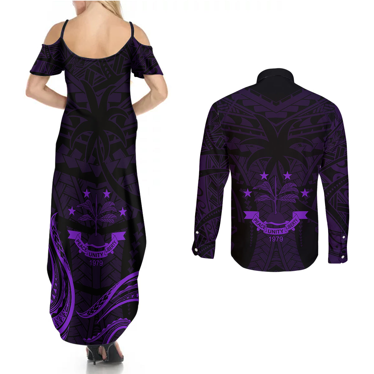 FSM Chuuk States Couples Matching Summer Maxi Dress and Long Sleeve Button Shirts Micronesia Vintage Polynesian Tribal Purple Version LT9 - Polynesian Pride