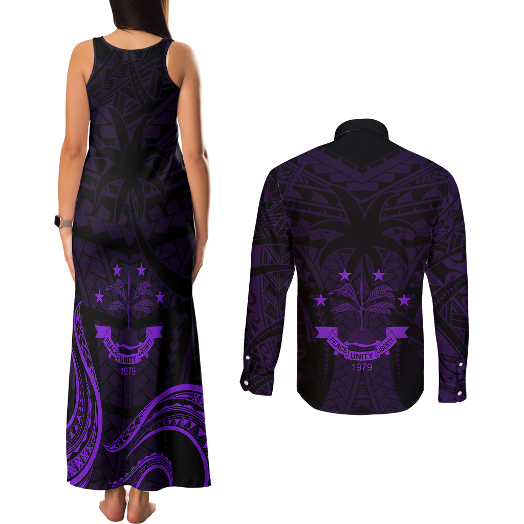 FSM Chuuk States Couples Matching Tank Maxi Dress and Long Sleeve Button Shirts Micronesia Vintage Polynesian Tribal Purple Version LT9 - Polynesian Pride