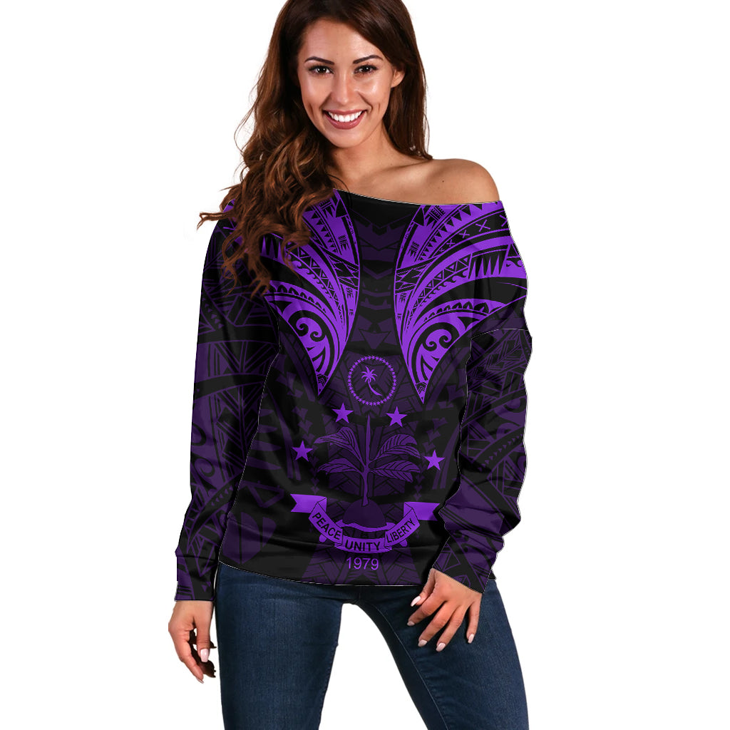 FSM Chuuk States Off Shoulder Sweater Micronesia Vintage Polynesian Tribal Purple Version LT9 Women Purple - Polynesian Pride