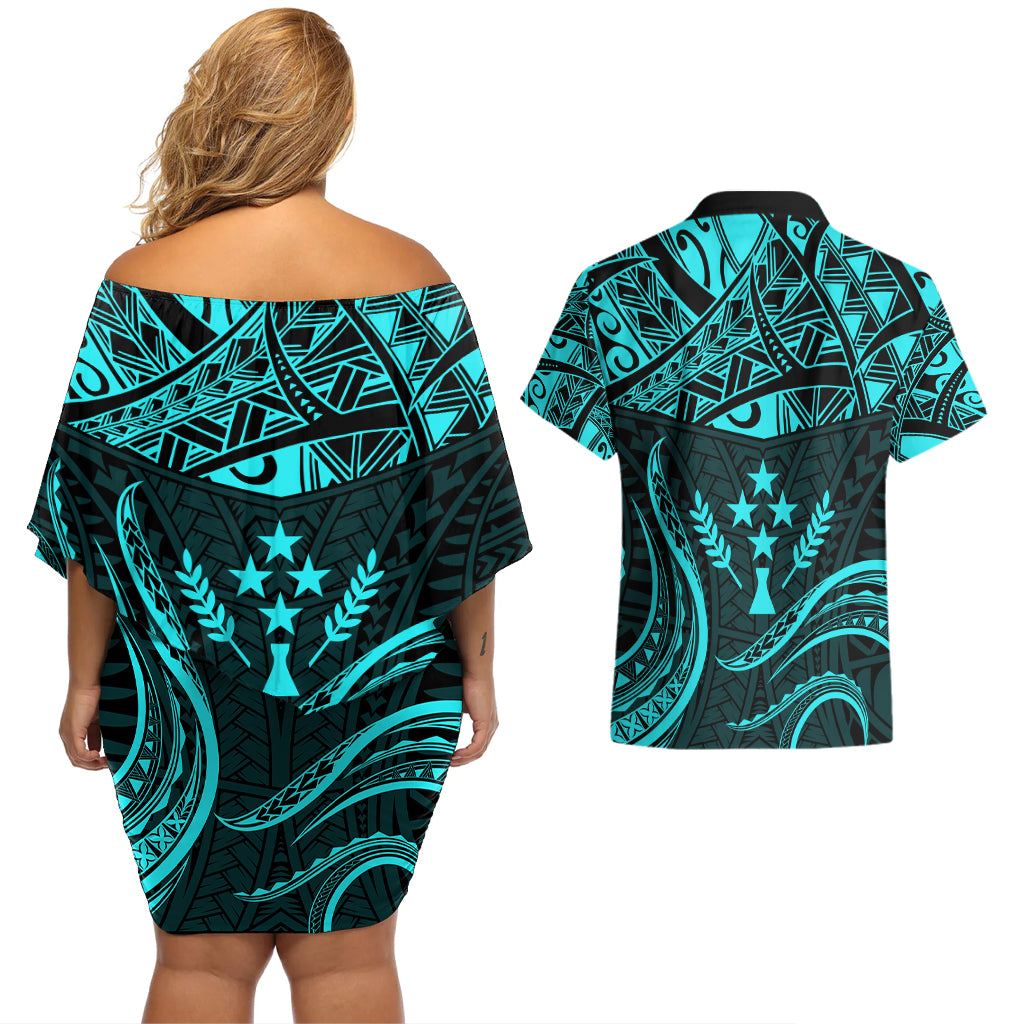 FSM Kosrae States Couples Matching Off Shoulder Short Dress and Hawaiian Shirt Micronesia Vintage Polynesian Tribal Aqua Version LT9 - Polynesian Pride