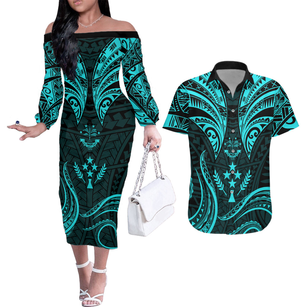 FSM Kosrae States Couples Matching Off The Shoulder Long Sleeve Dress and Hawaiian Shirt Micronesia Vintage Polynesian Tribal Aqua Version LT9 Aqua - Polynesian Pride