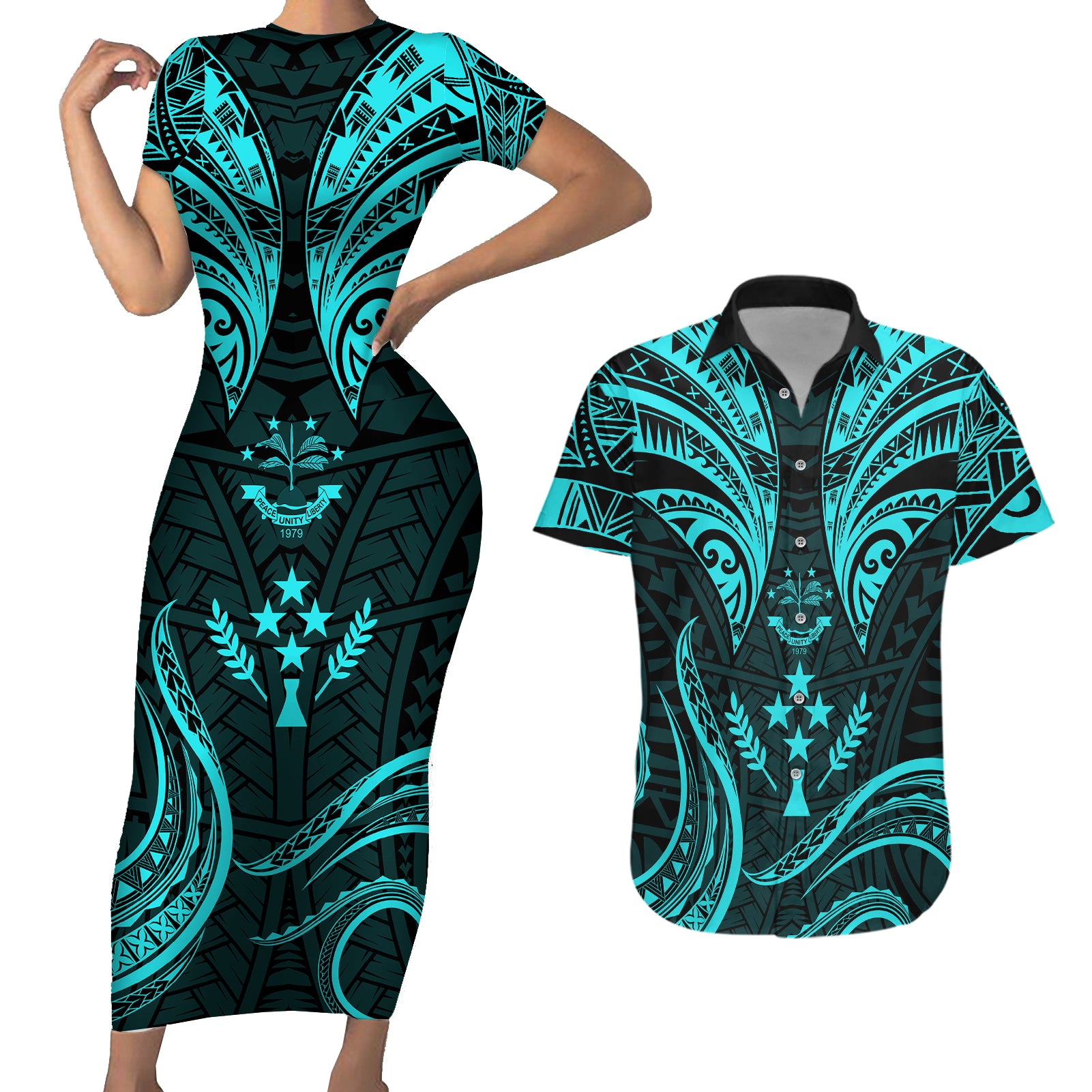 FSM Kosrae States Couples Matching Short Sleeve Bodycon Dress and Hawaiian Shirt Micronesia Vintage Polynesian Tribal Aqua Version LT9 Aqua - Polynesian Pride