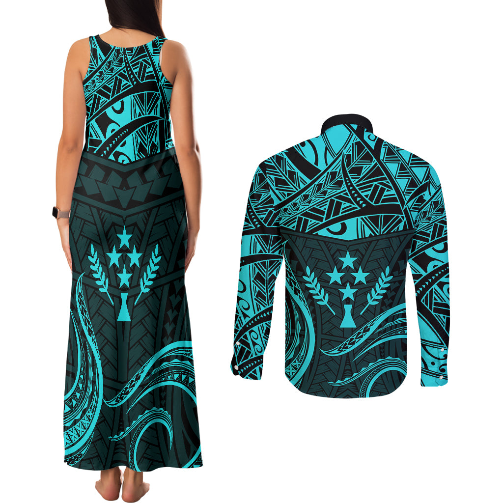FSM Kosrae States Couples Matching Tank Maxi Dress and Long Sleeve Button Shirts Micronesia Vintage Polynesian Tribal Aqua Version LT9 - Polynesian Pride