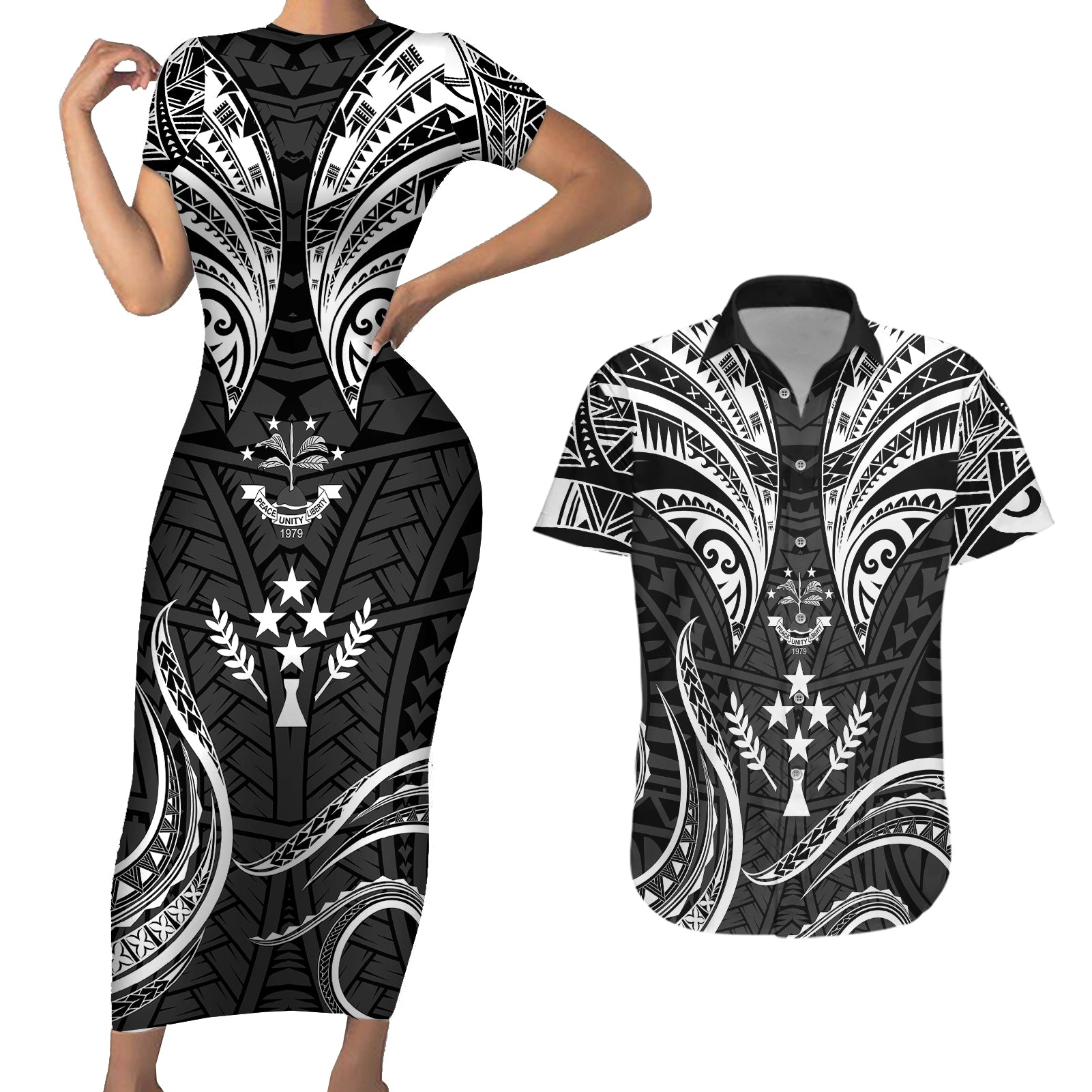 FSM Kosrae States Couples Matching Short Sleeve Bodycon Dress and Hawaiian Shirt Micronesia Vintage Polynesian Tribal Black Version LT9 Black - Polynesian Pride