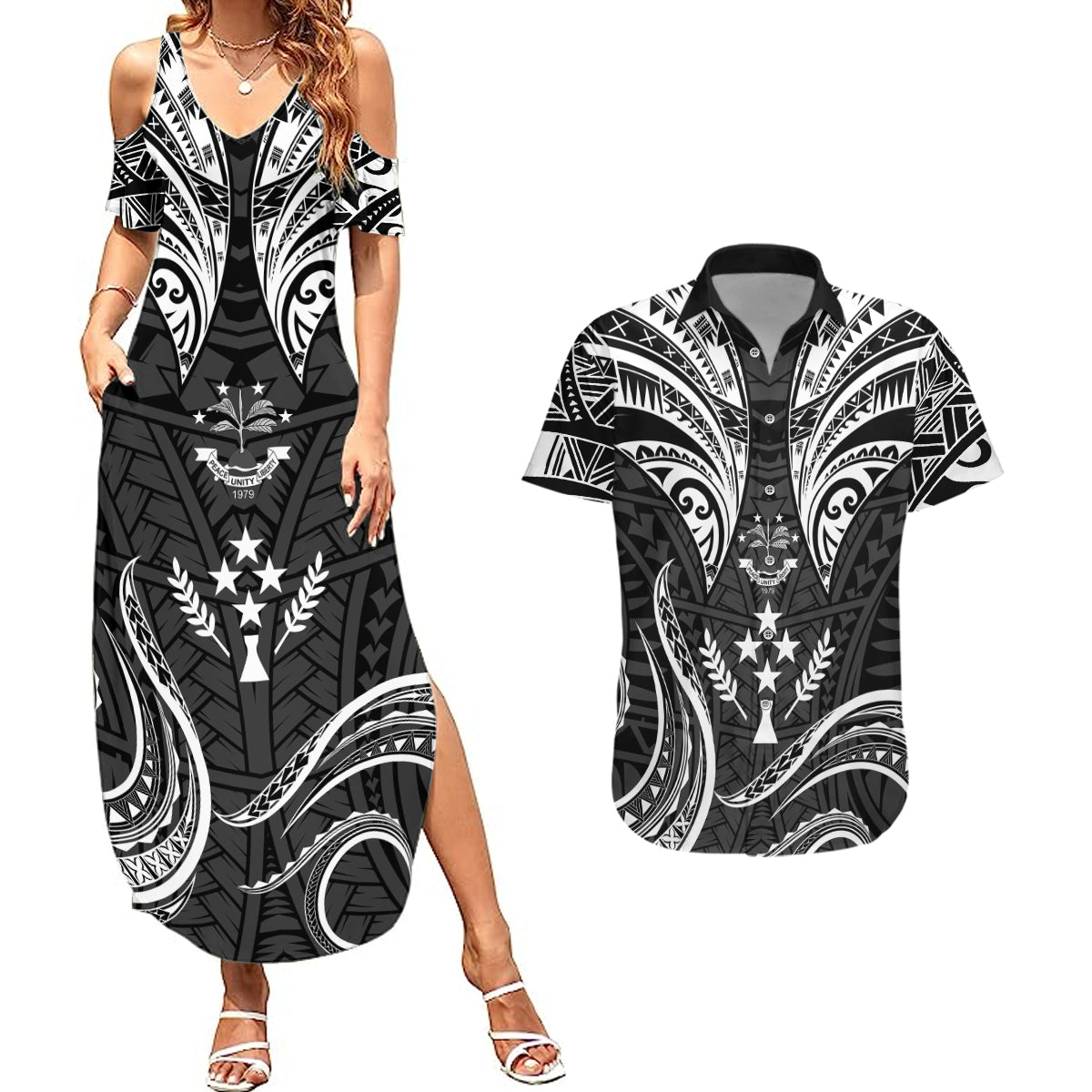 FSM Kosrae States Couples Matching Summer Maxi Dress and Hawaiian Shirt Micronesia Vintage Polynesian Tribal Black Version LT9 Black - Polynesian Pride