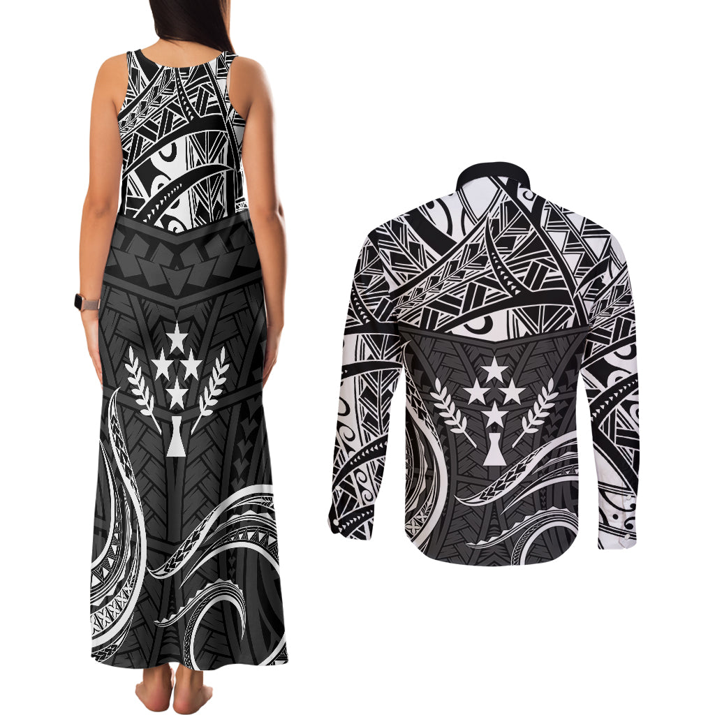 FSM Kosrae States Couples Matching Tank Maxi Dress and Long Sleeve Button Shirts Micronesia Vintage Polynesian Tribal Black Version LT9 - Polynesian Pride
