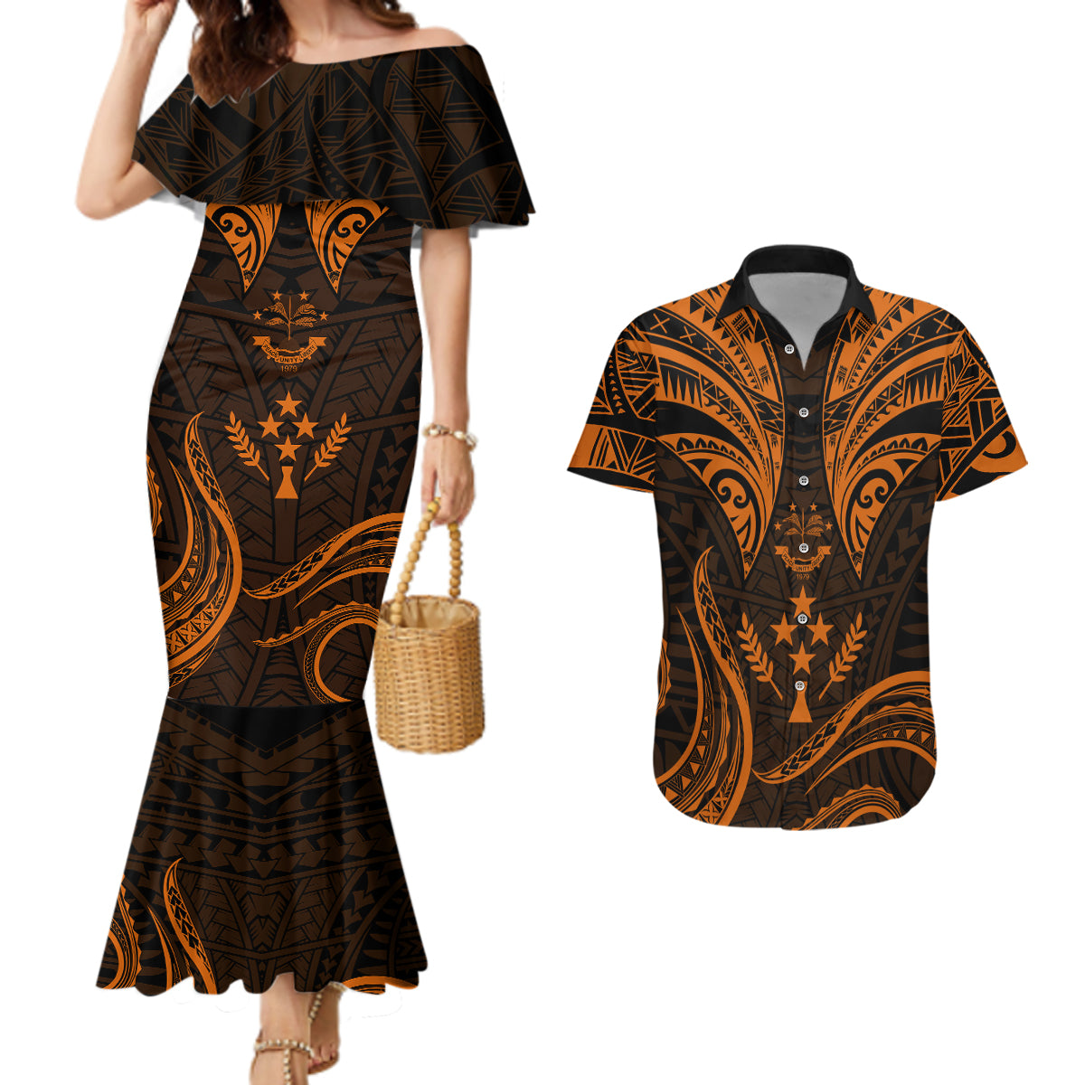 FSM Kosrae States Couples Matching Mermaid Dress and Hawaiian Shirt Micronesia Vintage Polynesian Tribal Gold Version LT9 Gold - Polynesian Pride