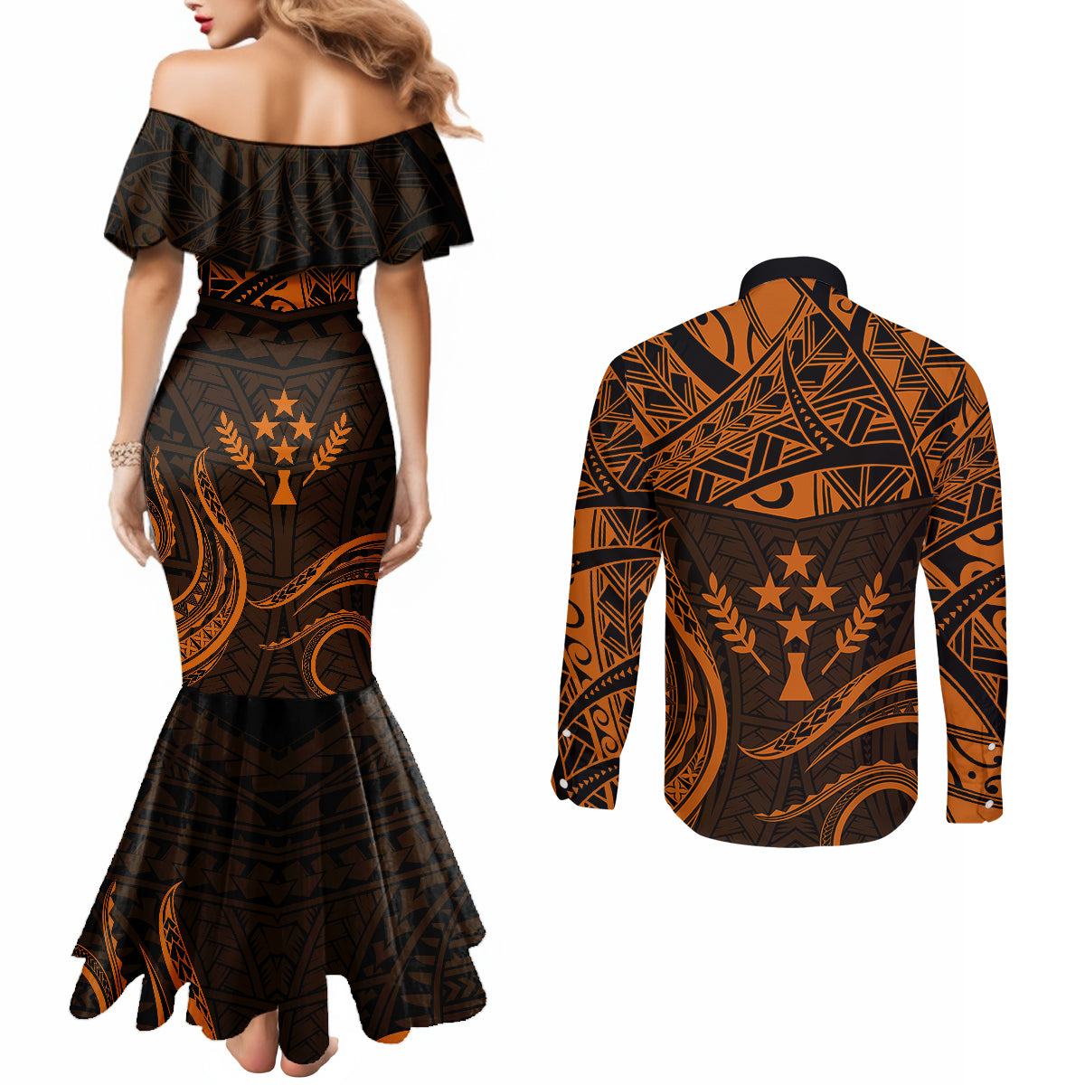 FSM Kosrae States Couples Matching Mermaid Dress and Long Sleeve Button Shirts Micronesia Vintage Polynesian Tribal Gold Version LT9 - Polynesian Pride
