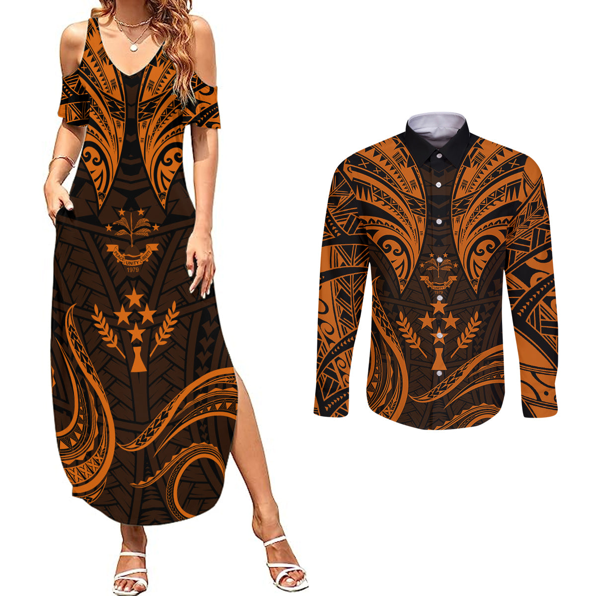 FSM Kosrae States Couples Matching Summer Maxi Dress and Long Sleeve Button Shirts Micronesia Vintage Polynesian Tribal Gold Version LT9 Gold - Polynesian Pride