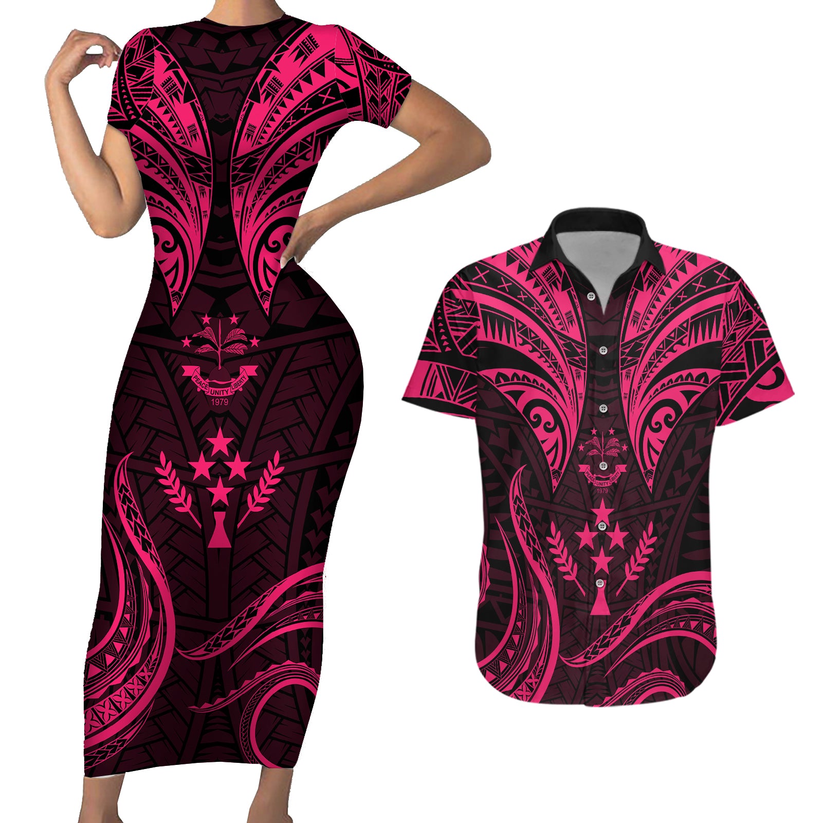 FSM Kosrae States Couples Matching Short Sleeve Bodycon Dress and Hawaiian Shirt Micronesia Vintage Polynesian Tribal Pink Version LT9 Pink - Polynesian Pride