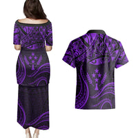 FSM Kosrae States Couples Matching Puletasi Dress and Hawaiian Shirt Micronesia Vintage Polynesian Tribal Purple Version LT9 - Polynesian Pride