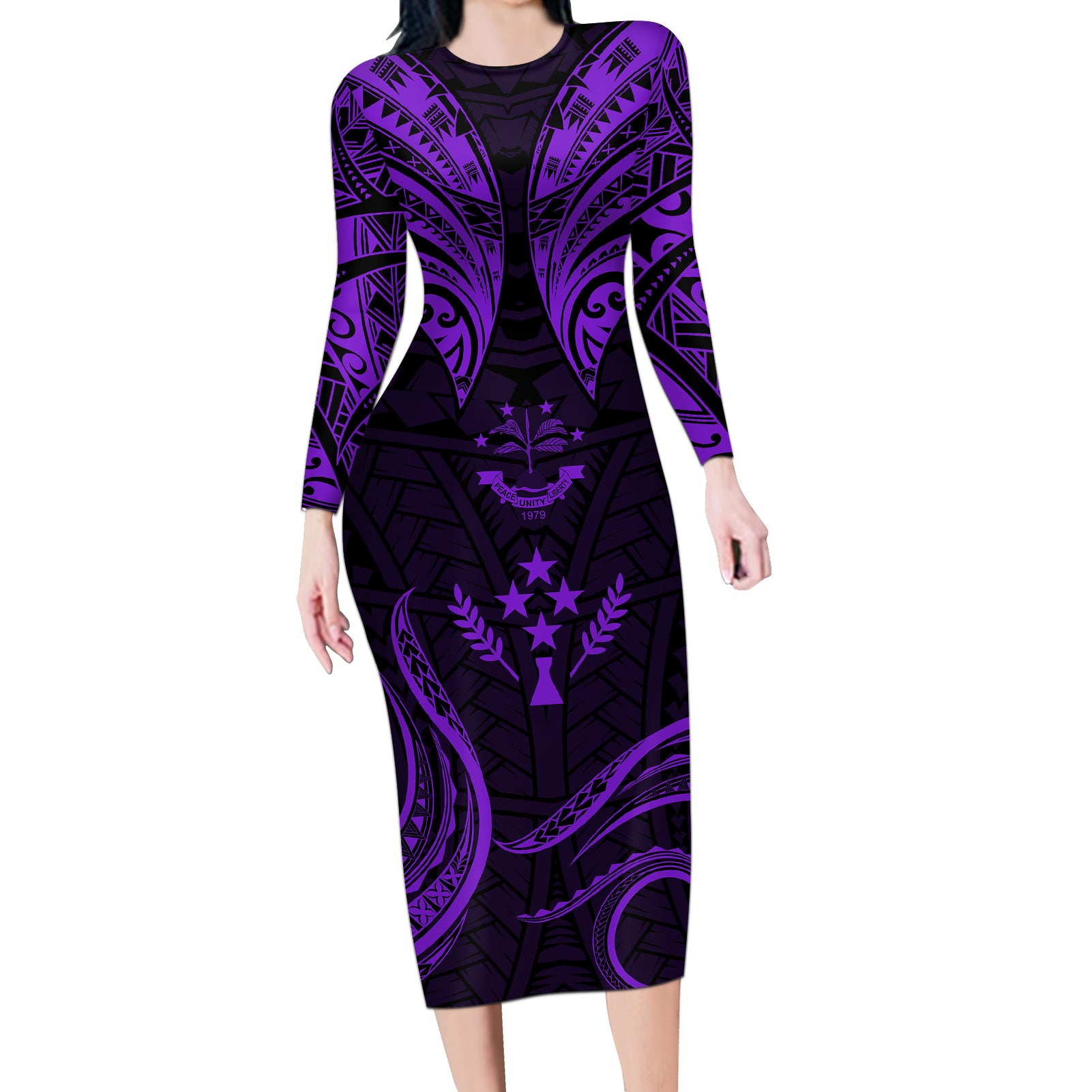 FSM Kosrae States Long Sleeve Bodycon Dress Micronesia Vintage Polynesian Tribal Purple Version LT9 Long Dress Purple - Polynesian Pride