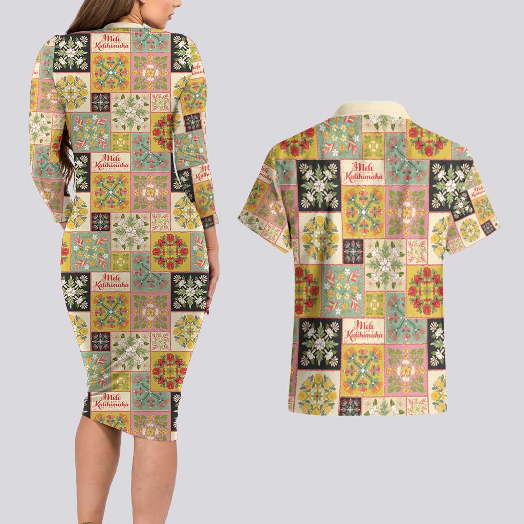 Mele Kalikimaka Hawaii Christmas Couples Matching Long Sleeve Bodycon Dress and Hawaiian Shirt Melemele Mama Seamless Floral Motif - Polynesian Pride