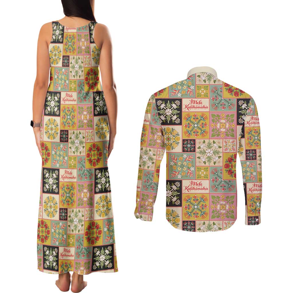 Mele Kalikimaka Hawaii Christmas Couples Matching Tank Maxi Dress and Long Sleeve Button Shirt Melemele Mama Seamless Floral Motif - Polynesian Pride