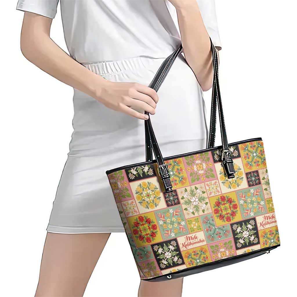 Mele Kalikimaka Hawaii Christmas Leather Tote Bag Melemele Mama Seamless Floral Motif - Polynesian Pride