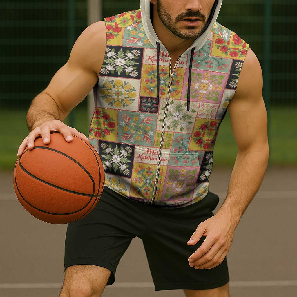 Mele Kalikimaka Hawaii Christmas Sleeveless Zip Hoodie Melemele Mama Seamless Floral Motif - Polynesian Pride