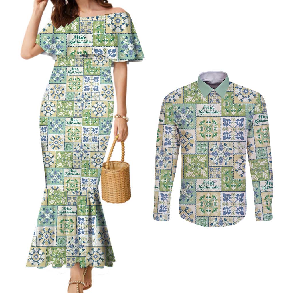 Mele Kalikimaka Hawaii Christmas Couples Matching Mermaid Dress and Long Sleeve Button Shirt Omaomao Seamless Floral Motif - Polynesian Pride