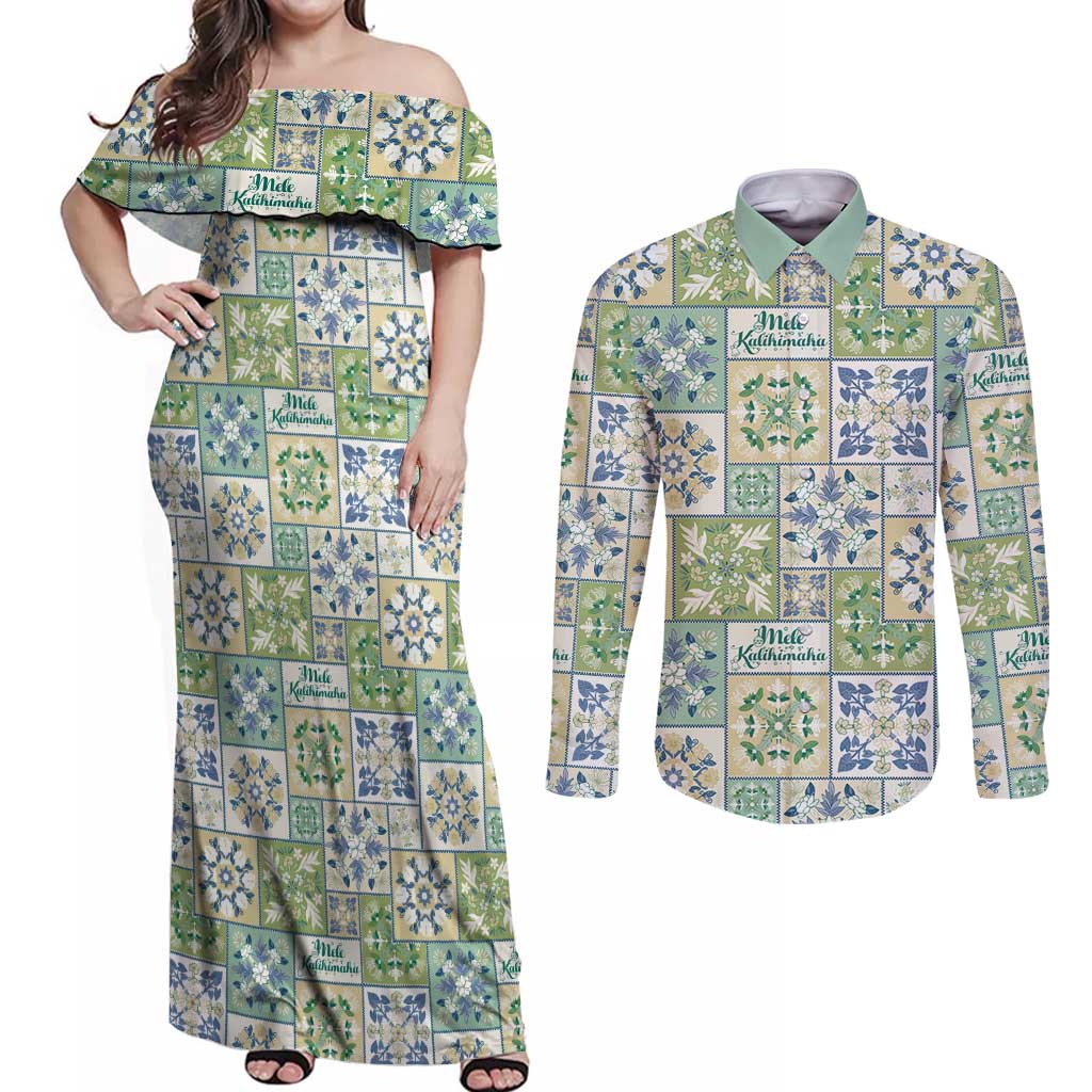 Mele Kalikimaka Hawaii Christmas Couples Matching Off Shoulder Maxi Dress and Long Sleeve Button Shirt Omaomao Seamless Floral Motif - Polynesian Pride