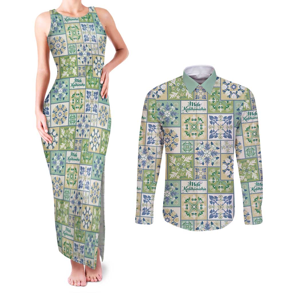 Mele Kalikimaka Hawaii Christmas Couples Matching Tank Maxi Dress and Long Sleeve Button Shirt Omaomao Seamless Floral Motif - Polynesian Pride