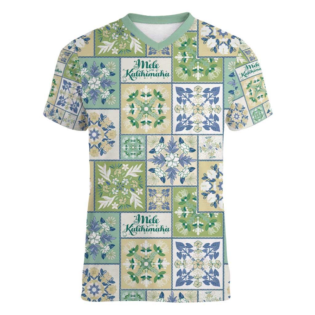 Mele Kalikimaka Hawaii Christmas Women V-Neck T-Shirt Omaomao Seamless Floral Motif - Polynesian Pride