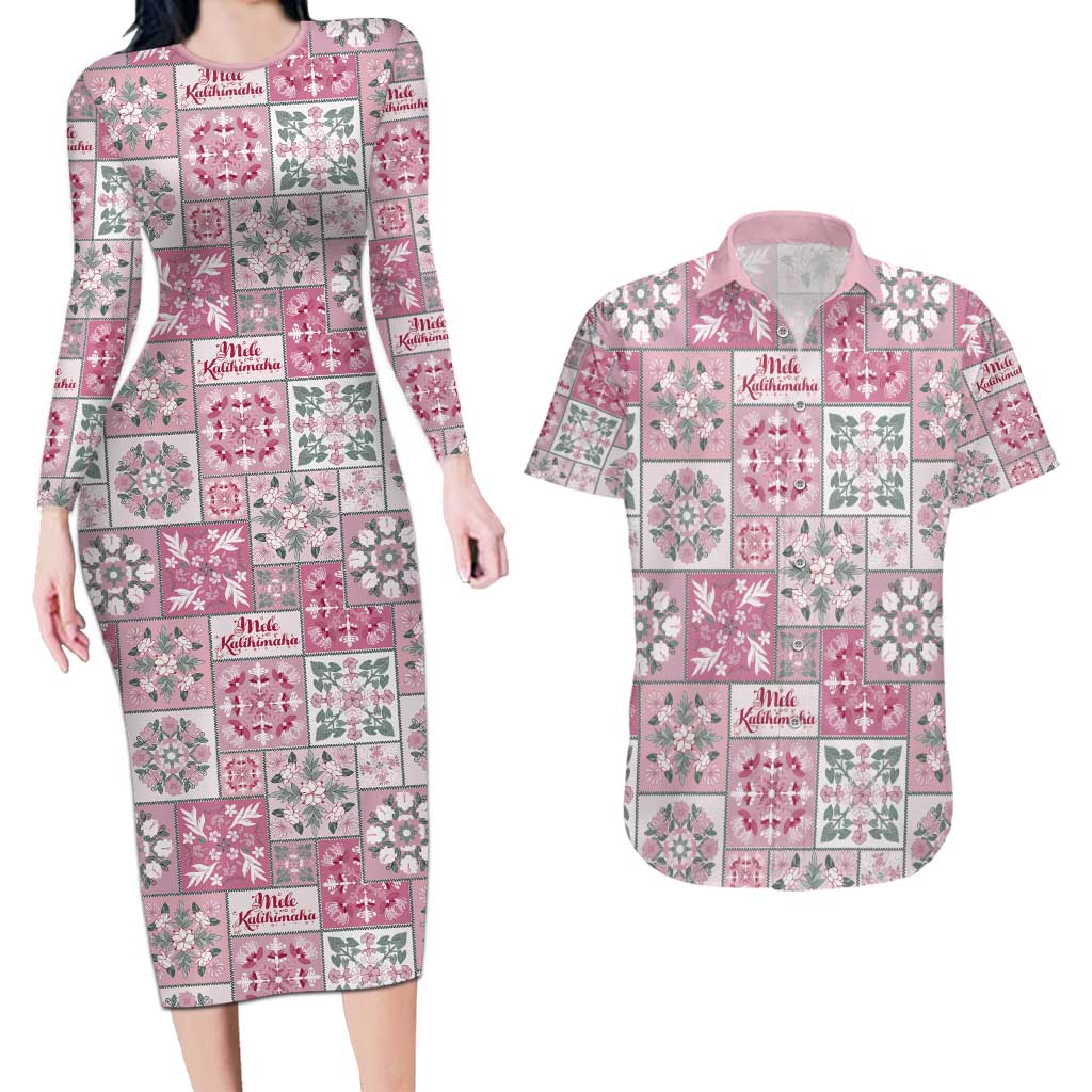 Mele Kalikimaka Hawaii Christmas Couples Matching Long Sleeve Bodycon Dress and Hawaiian Shirt Akala Seamless Floral Motif - Polynesian Pride