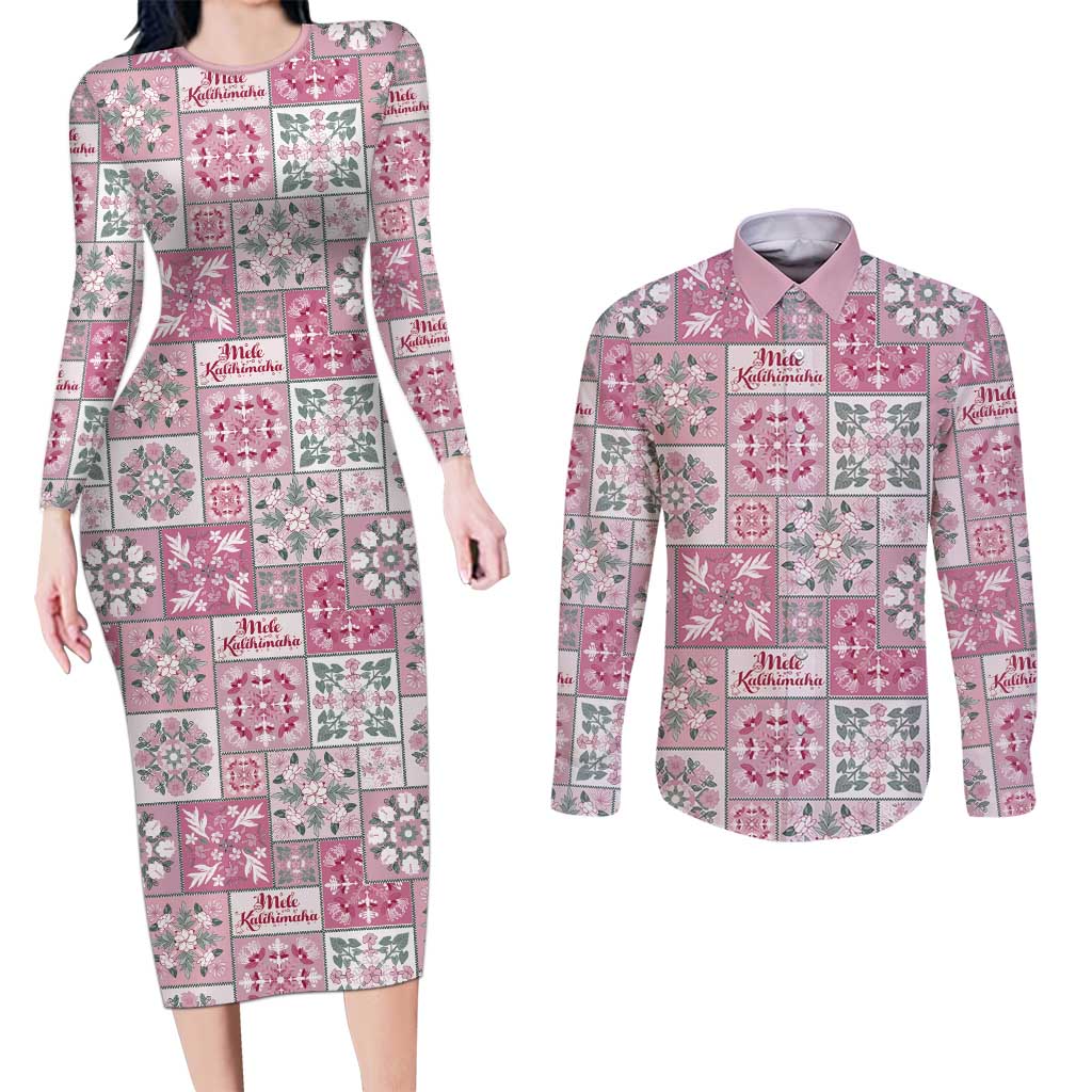 Mele Kalikimaka Hawaii Christmas Couples Matching Long Sleeve Bodycon Dress and Long Sleeve Button Shirt Akala Seamless Floral Motif - Polynesian Pride