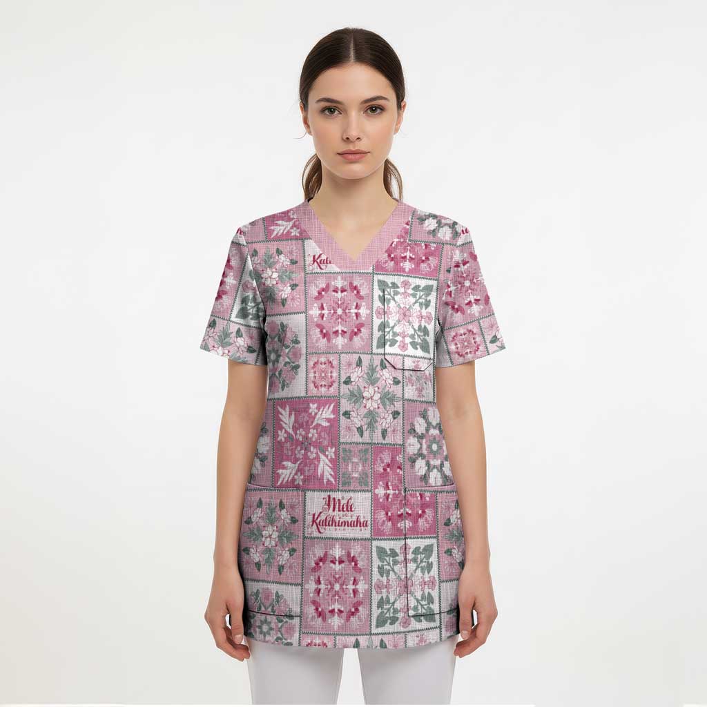 Mele Kalikimaka Hawaii Christmas Scrub Top Akala Seamless Floral Motif - Polynesian Pride