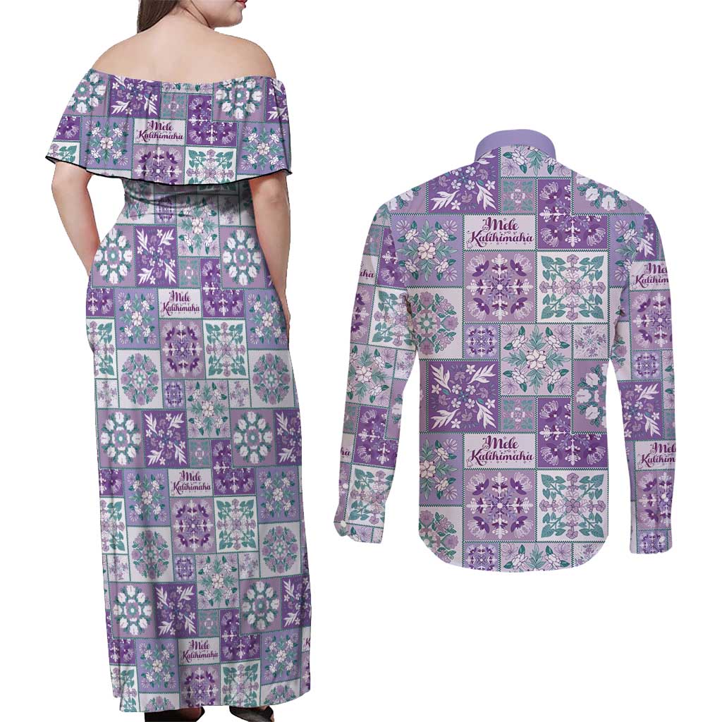 Mele Kalikimaka Hawaii Christmas Couples Matching Off Shoulder Maxi Dress and Long Sleeve Button Shirt Poni Seamless Floral Motif - Polynesian Pride