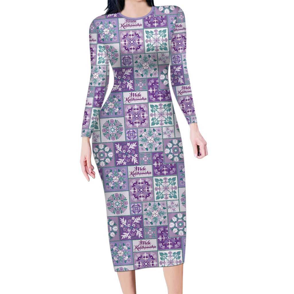 Mele Kalikimaka Hawaii Christmas Long Sleeve Bodycon Dress Poni Seamless Floral Motif - Polynesian Pride