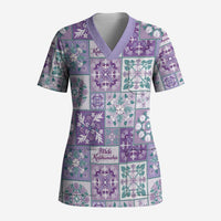 Mele Kalikimaka Hawaii Christmas Scrub Top Poni Seamless Floral Motif - Polynesian Pride