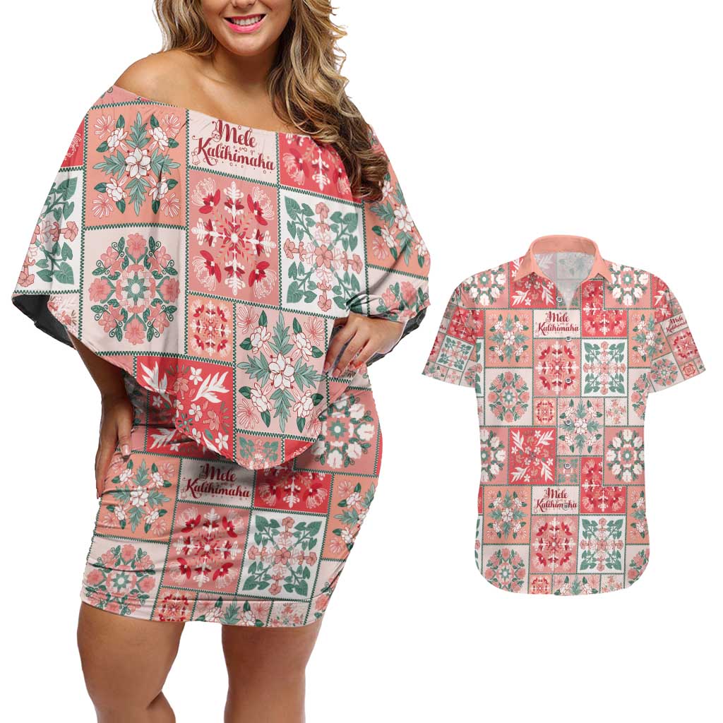 Mele Kalikimaka Hawaii Christmas Couples Matching Off Shoulder Short Dress and Hawaiian Shirt Ulaula Seamless Floral Motif - Polynesian Pride