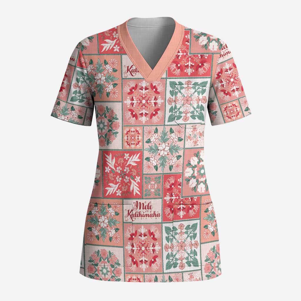 Mele Kalikimaka Hawaii Christmas Scrub Top Ulaula Seamless Floral Motif - Polynesian Pride