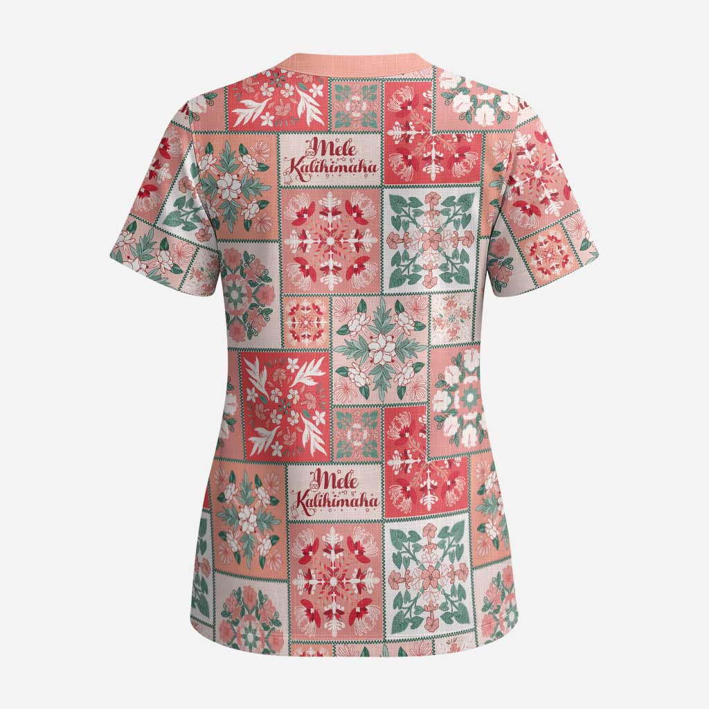 Mele Kalikimaka Hawaii Christmas Scrub Top Ulaula Seamless Floral Motif - Polynesian Pride