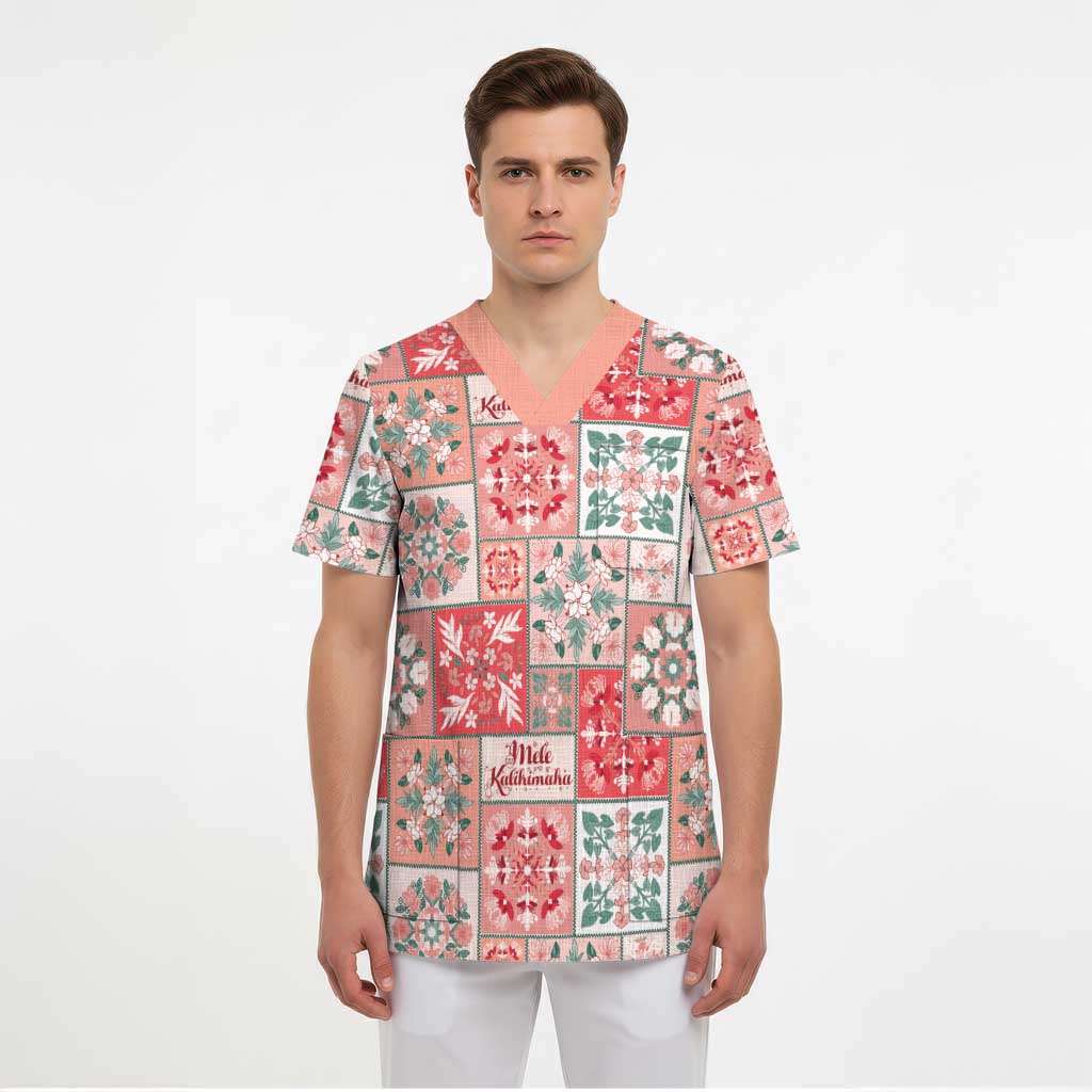 Mele Kalikimaka Hawaii Christmas Scrub Top Ulaula Seamless Floral Motif - Polynesian Pride