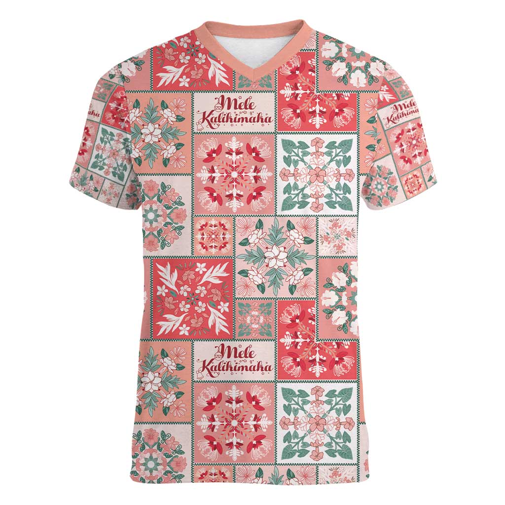 Mele Kalikimaka Hawaii Christmas Women V-Neck T-Shirt Ulaula Seamless Floral Motif - Polynesian Pride