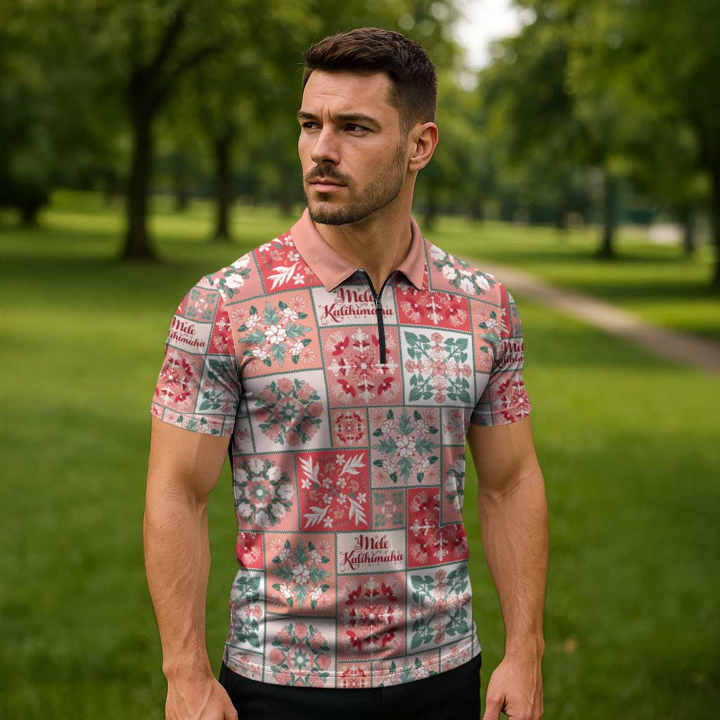 Mele Kalikimaka Hawaii Christmas Zipper Polo Shirt Ulaula Seamless Floral Motif - Polynesian Pride
