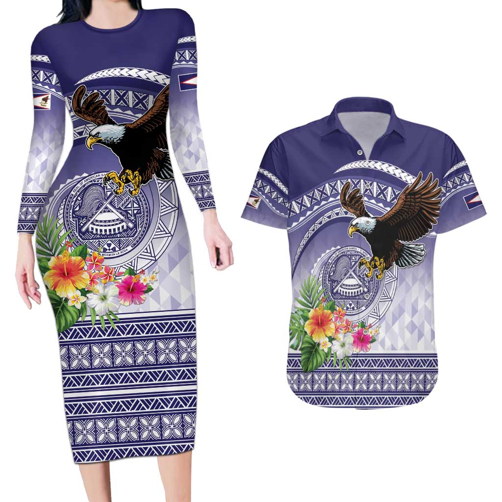 American Samoa Bald Eagle Couples Matching Long Sleeve Bodycon Dress and Hawaiian Shirt Polynesian Tropical Flowers