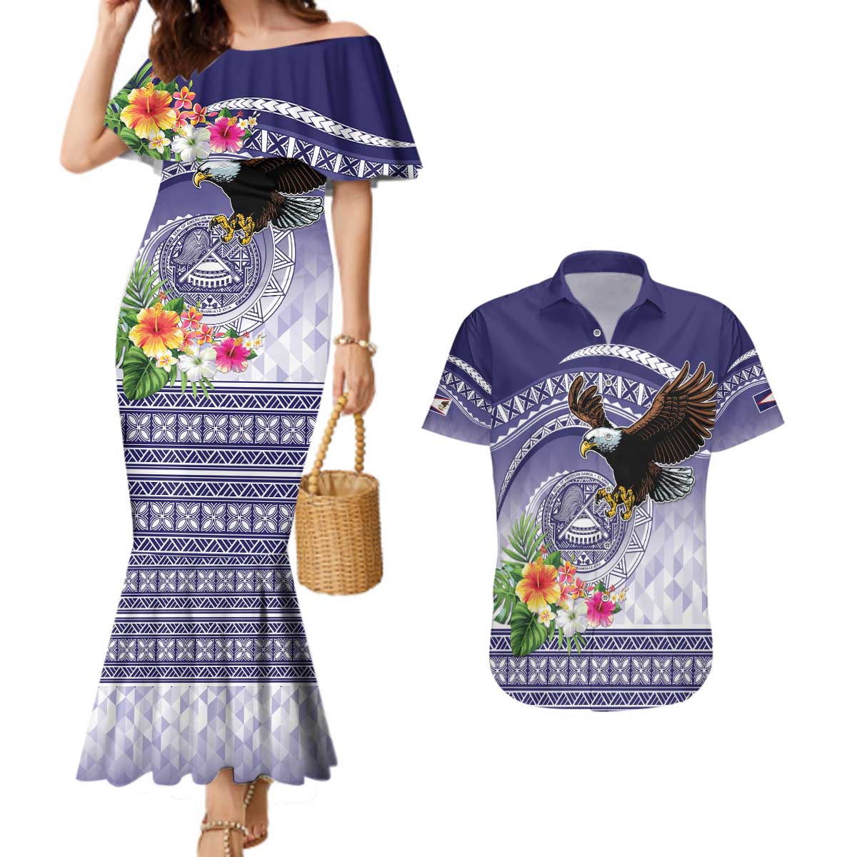 American Samoa Bald Eagle Couples Matching Mermaid Dress and Hawaiian Shirt Polynesian Tropical Flowers