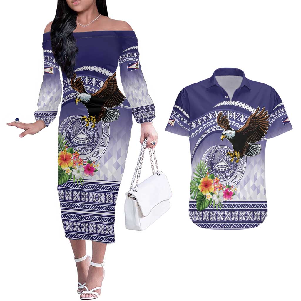 American Samoa Bald Eagle Couples Matching Off The Shoulder Long Sleeve Dress and Hawaiian Shirt Polynesian Tropical Flowers