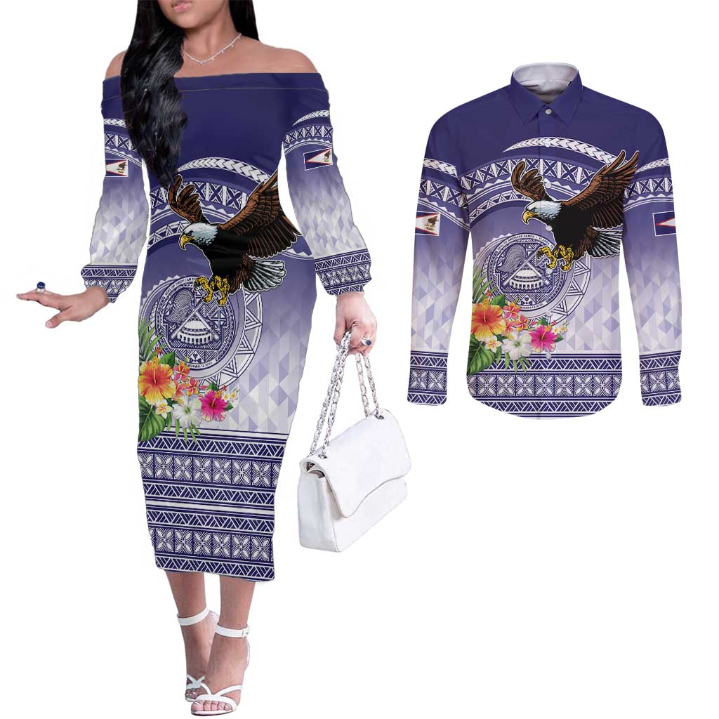 American Samoa Bald Eagle Couples Matching Off The Shoulder Long Sleeve Dress and Long Sleeve Button Shirt Polynesian Tropical Flowers