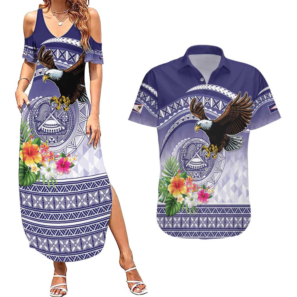 American Samoa Bald Eagle Couples Matching Summer Maxi Dress and Hawaiian Shirt Polynesian Tropical Flowers