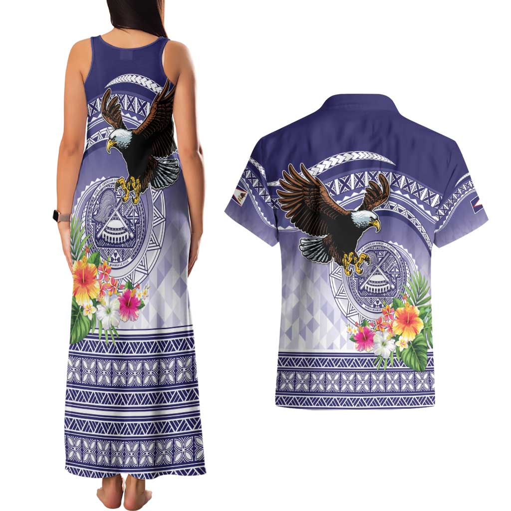 American Samoa Bald Eagle Couples Matching Tank Maxi Dress and Hawaiian Shirt Polynesian Tropical Flowers