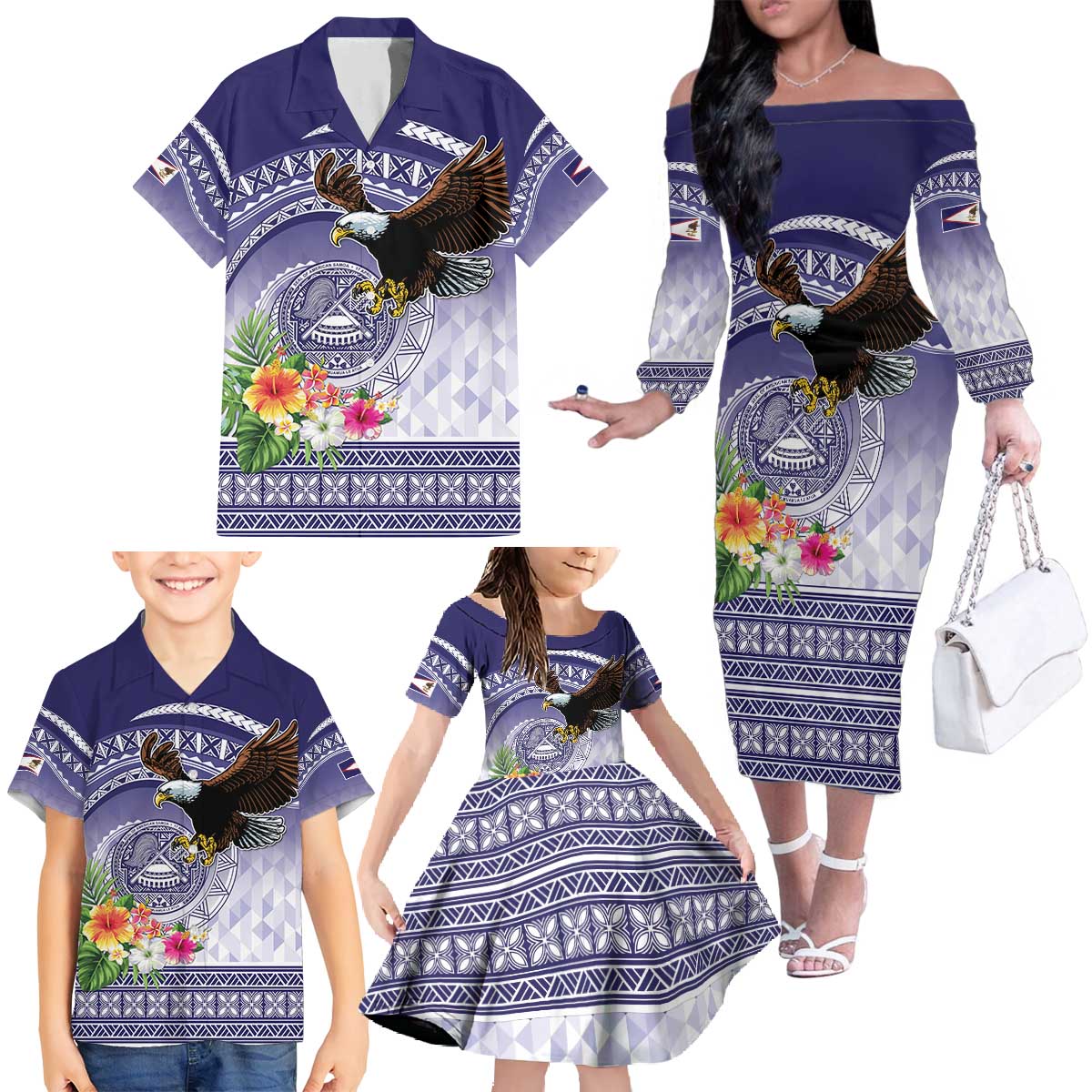 American Samoa Bald Eagle Family Matching Off The Shoulder Long Sleeve Dress and Hawaiian Shirt Polynesian Tropical Flowers