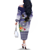 American Samoa Bald Eagle Family Matching Off The Shoulder Long Sleeve Dress and Hawaiian Shirt Polynesian Tropical Flowers