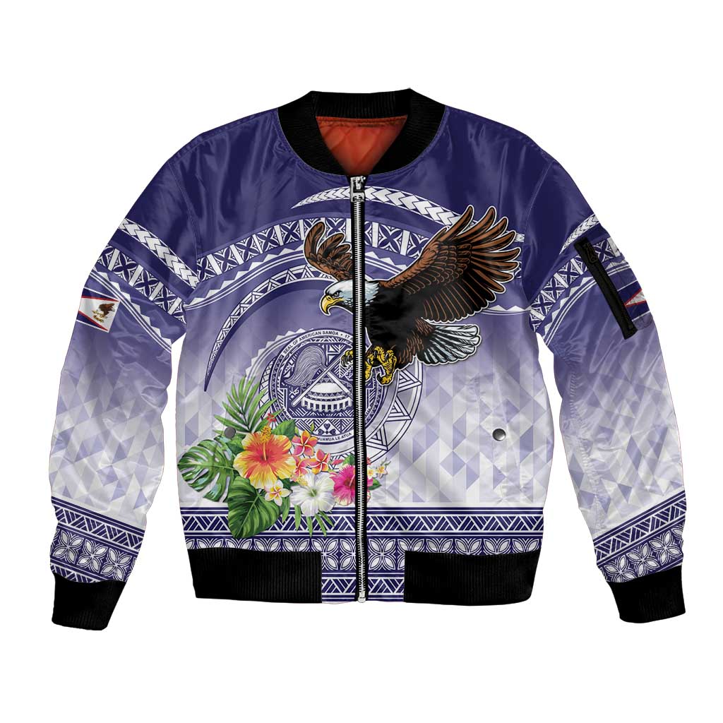 American Samoa Bald Eagle Sleeve Zip Bomber Jacket Polynesian Tropical Flowers