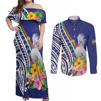 New Caledonia Kagu Bird Couples Matching Off Shoulder Maxi Dress and Long Sleeve Button Shirt Polynesian Tropical Flowers