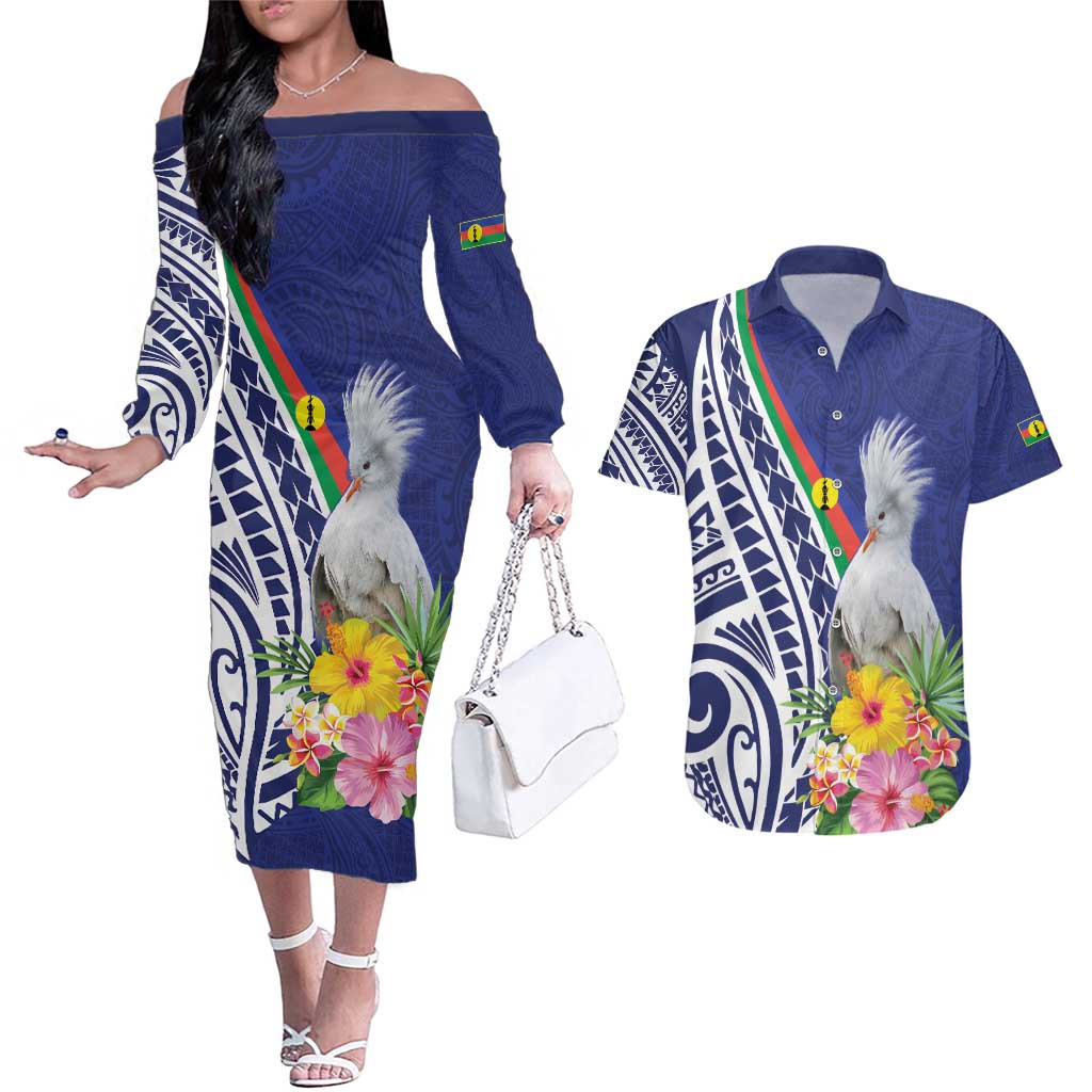 New Caledonia Kagu Bird Couples Matching Off The Shoulder Long Sleeve Dress and Hawaiian Shirt Polynesian Tropical Flowers