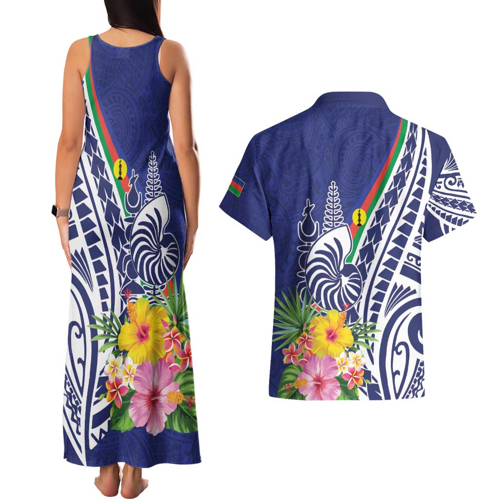 New Caledonia Kagu Bird Couples Matching Tank Maxi Dress and Hawaiian Shirt Polynesian Tropical Flowers