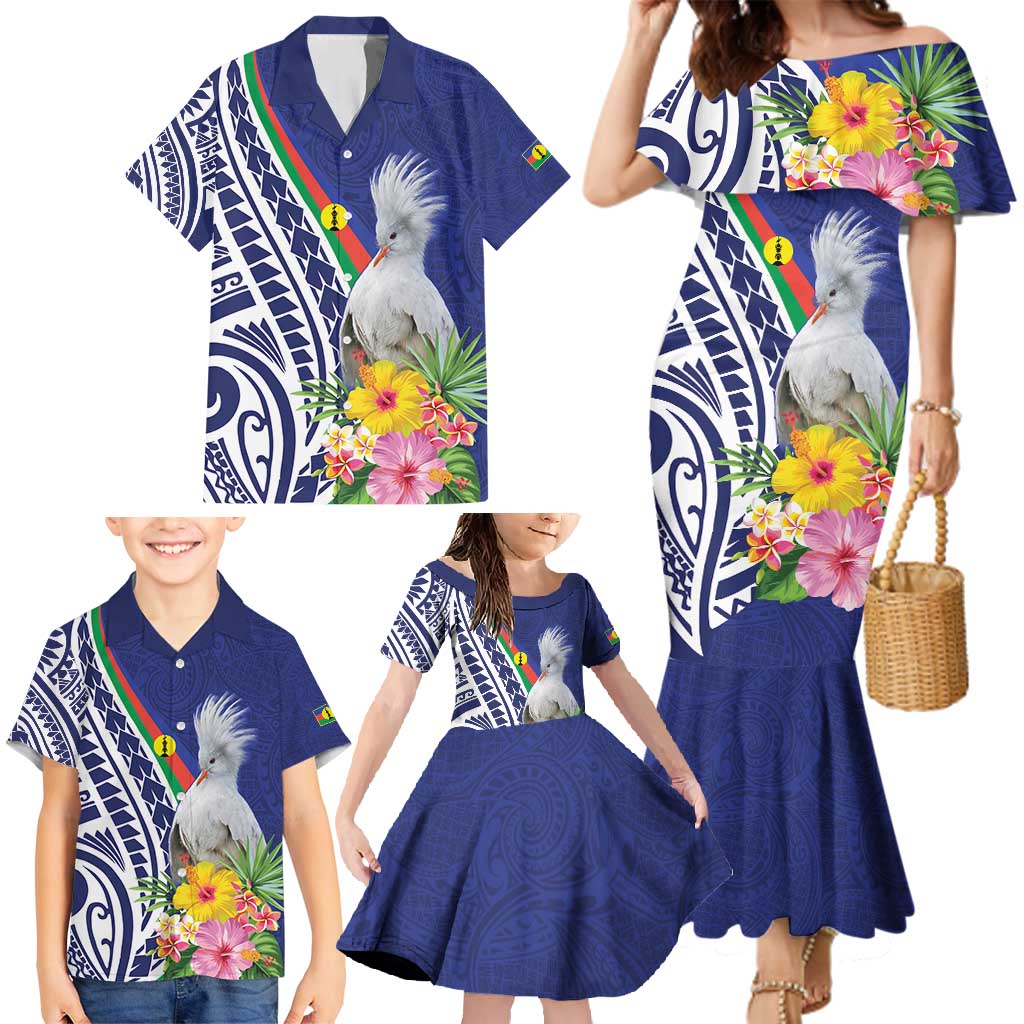 New Caledonia Kagu Bird Family Matching Mermaid Dress and Hawaiian Shirt Polynesian Tropical Flowers